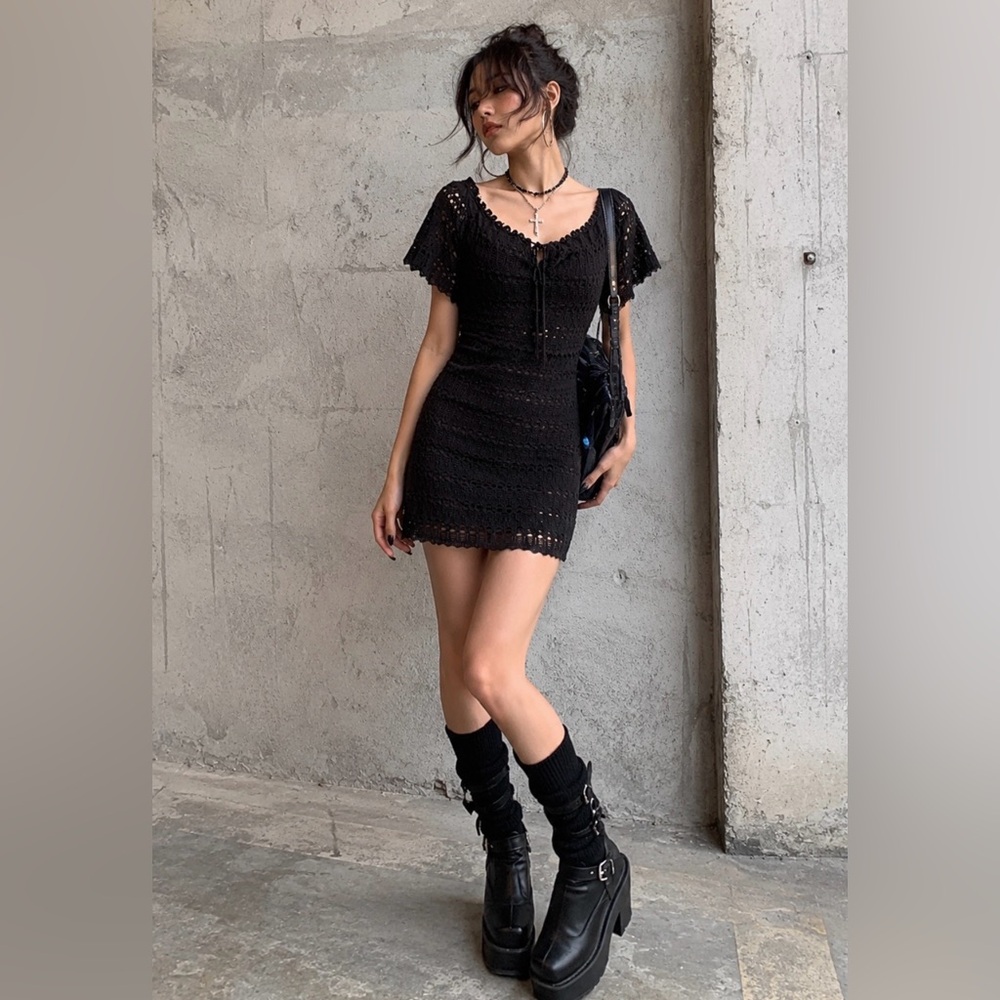 Max Studio Black Crochet Knit Mini Dress Boho Whimsigoth Fairy Goth Y2K Large